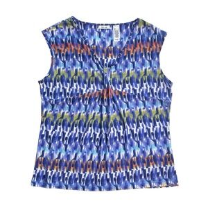 Liz & Co Pleat Front T-Shirt Top V-neck Colorful Tee Sleeveless Blouse Size L